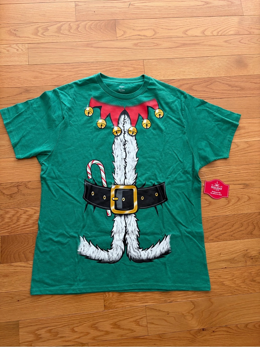Holiday Time Green Elf Costume Graphic Tee with Bells